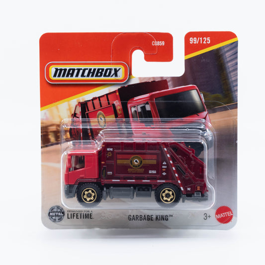 1:64 Matchbox Garbage King Red Cab – die-cast refuse collection truck model.