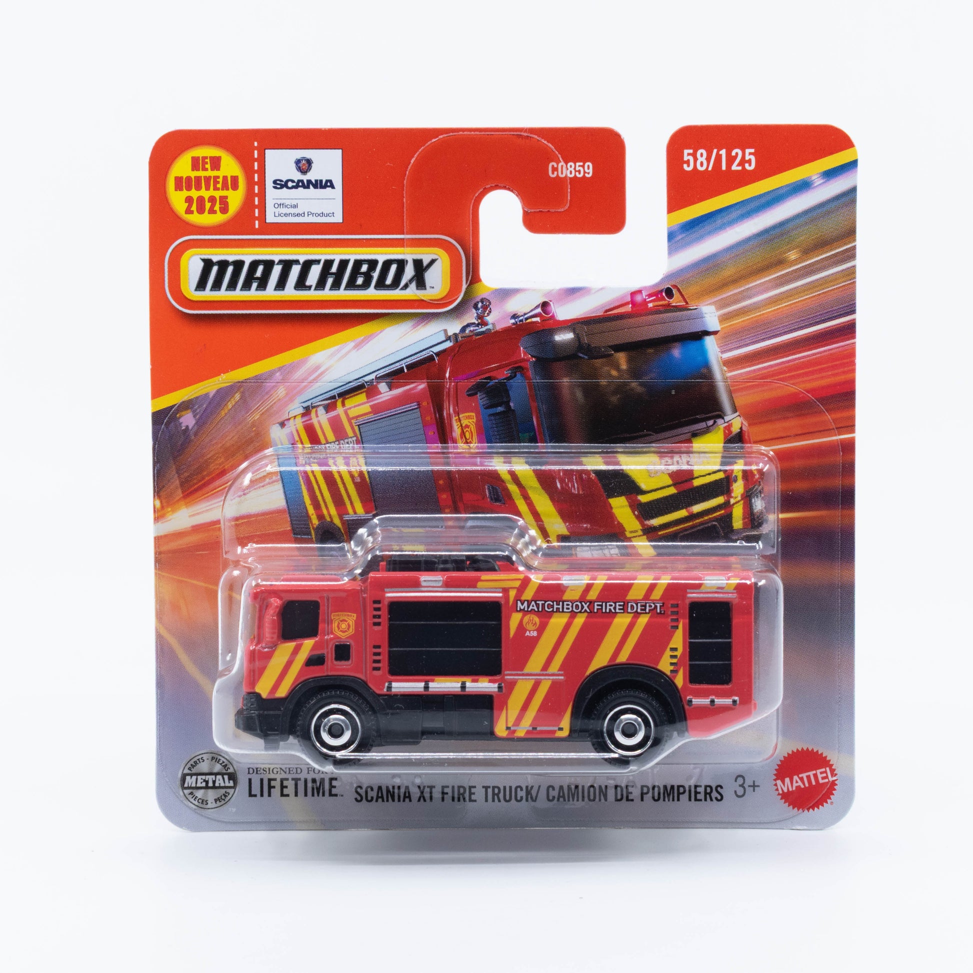 1:64 Matchbox Scania XT Fire Truck Red emergency livery – die-cast firefighting vehicle model.