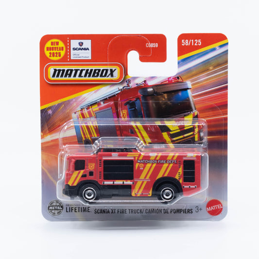 1:64 Matchbox Scania XT Fire Truck Red emergency livery – die-cast firefighting vehicle model.