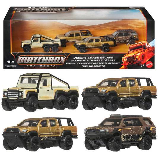 Matchbox: The Movie Desert Chase Escape Multipack featuring four off-road vehicles from the 2026 film.
