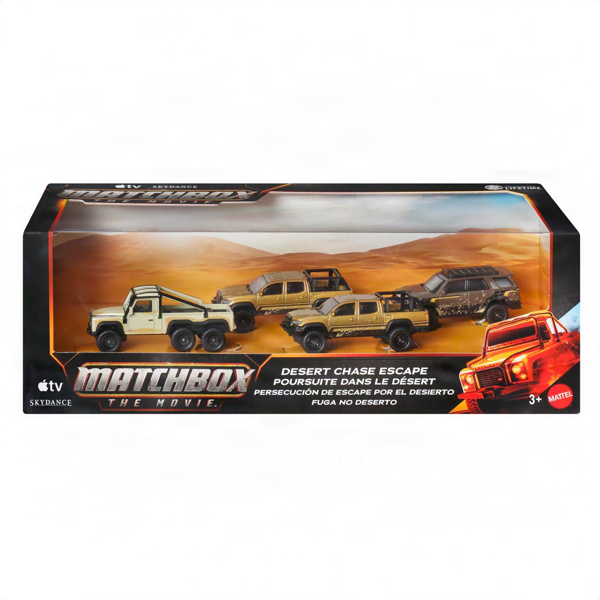 Matchbox: The Movie Desert Chase Escape Multipack featuring four off-road vehicles from the 2026 film.