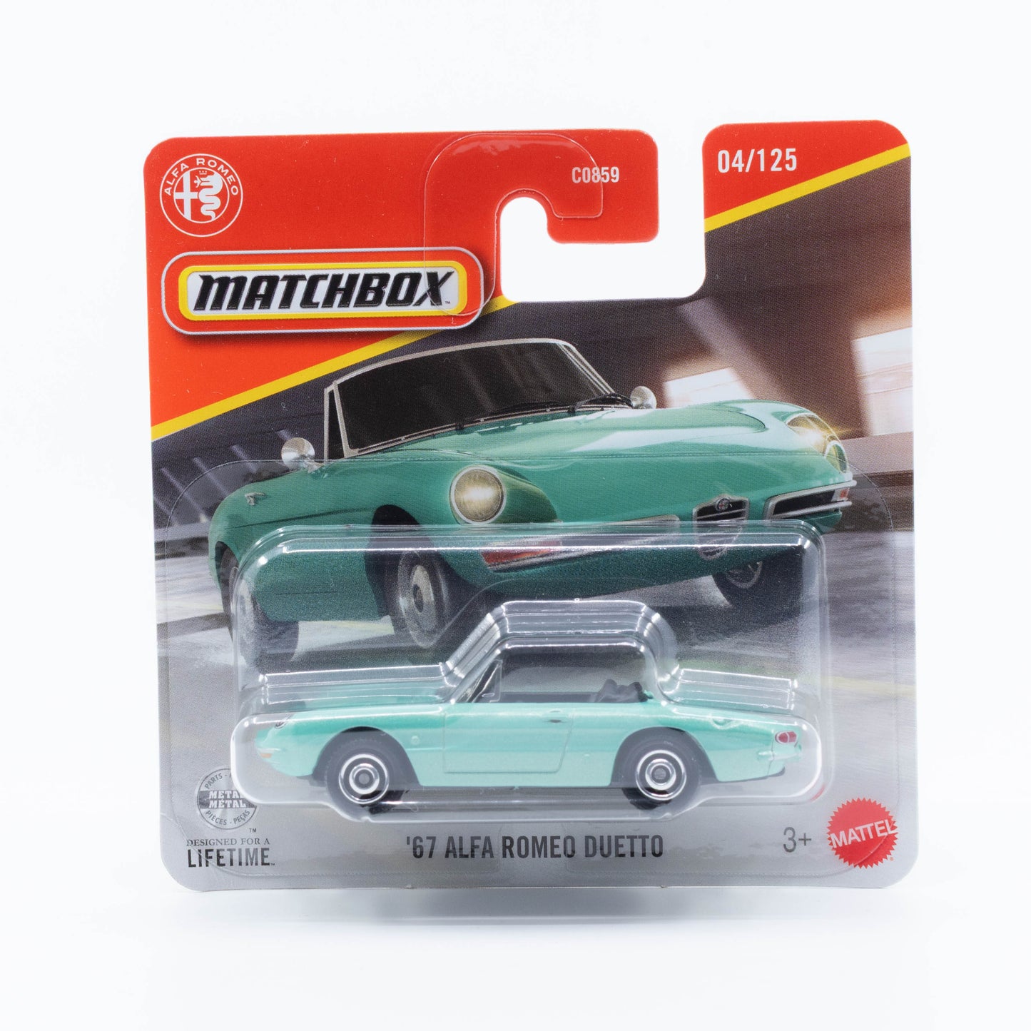 Matchbox 1:64 ’67 Alfa Romeo Duetto pale green classic Italian roadster model.
