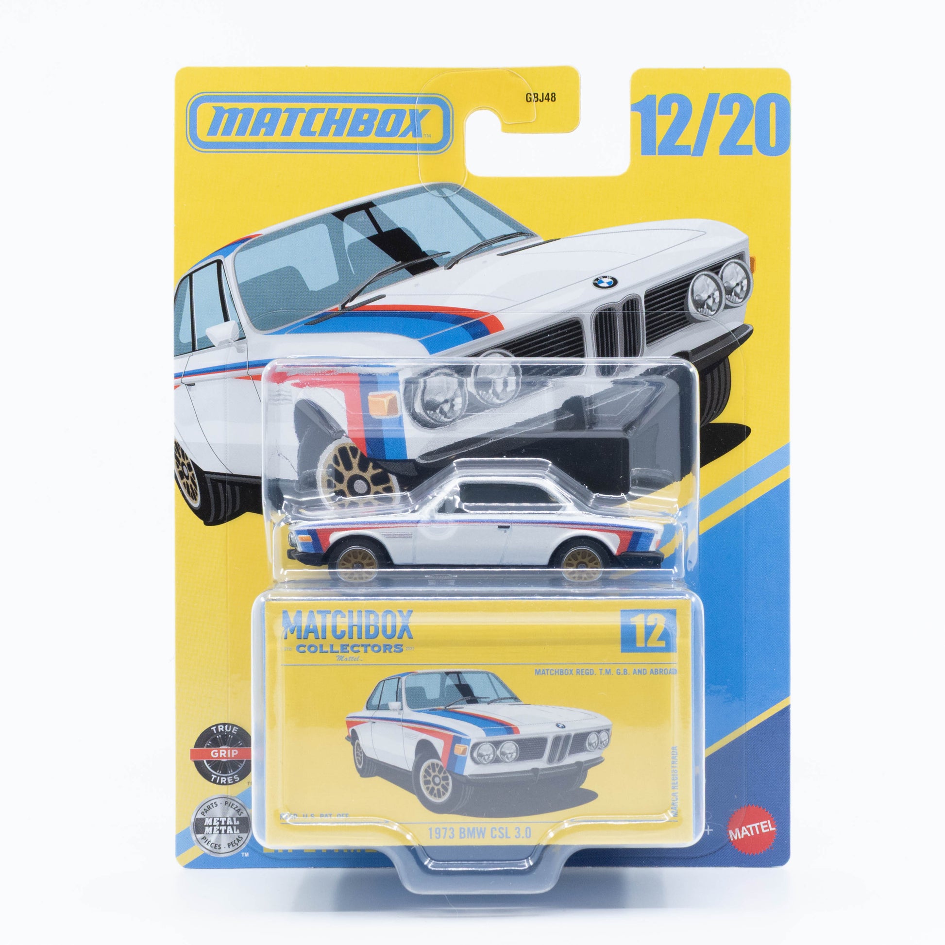 Matchbox Collectors 1:64 1973 BMW 3.0 CSL white with BMW M stripes touring race car.