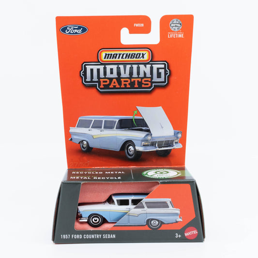 Matchbox 1:64 scale 1957 Ford Country Sedan with opening hood, detailed vintage design.