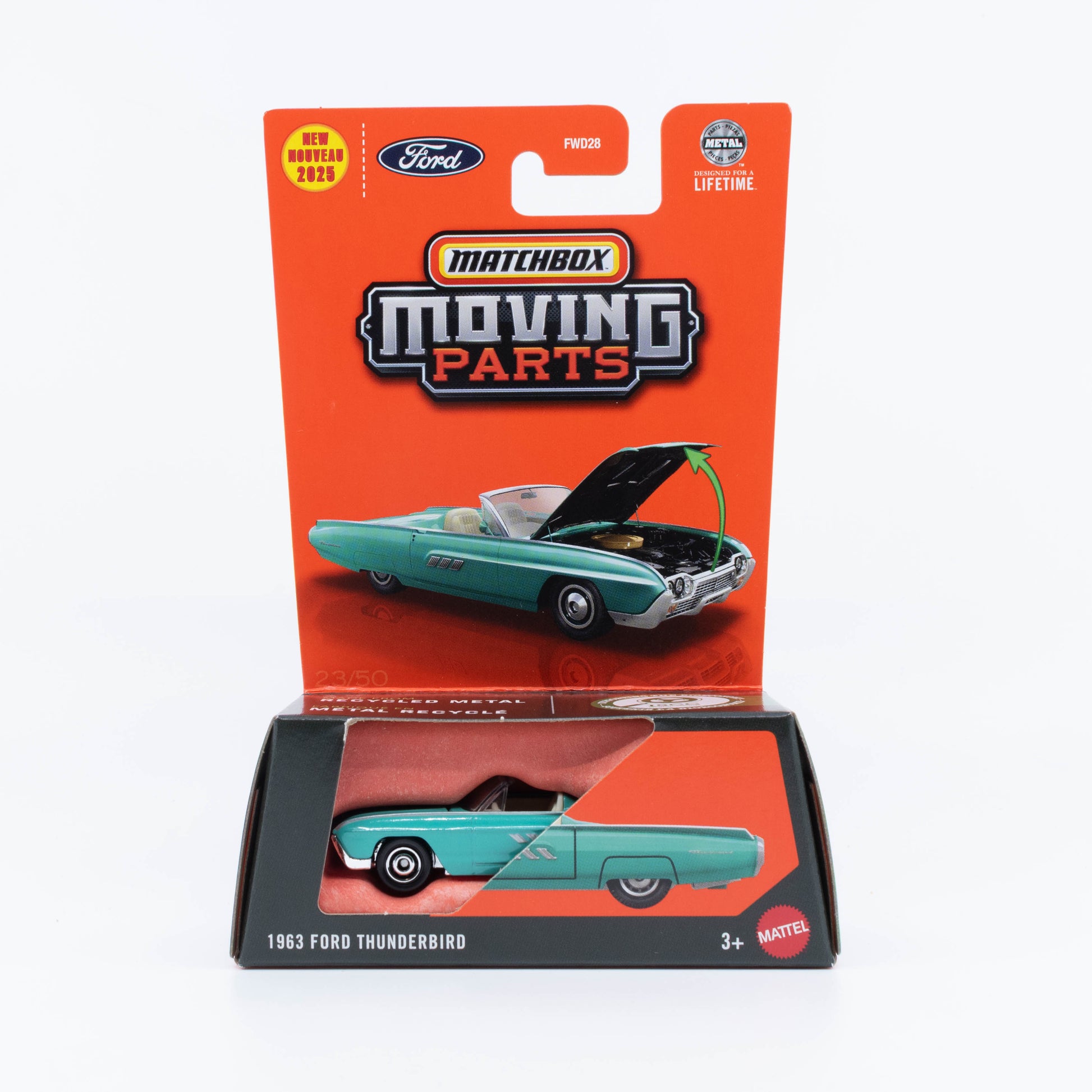 Matchbox Moving Parts 1:64 1963 Ford Thunderbird diecast model with opening hood.