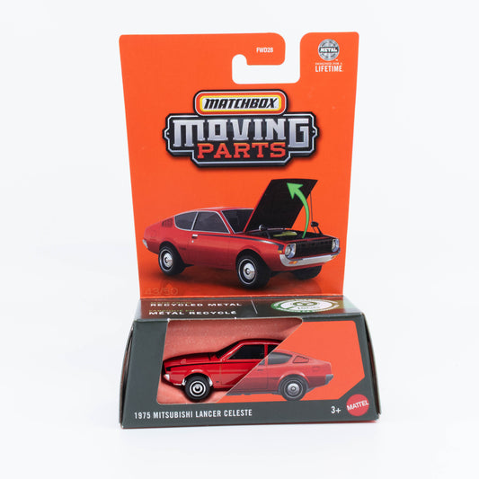 1:64 scale Matchbox 1975 Mitsubishi Lancer Celeste with opening hood, and detailed engine bay, classic 1970s Japanese coupe.