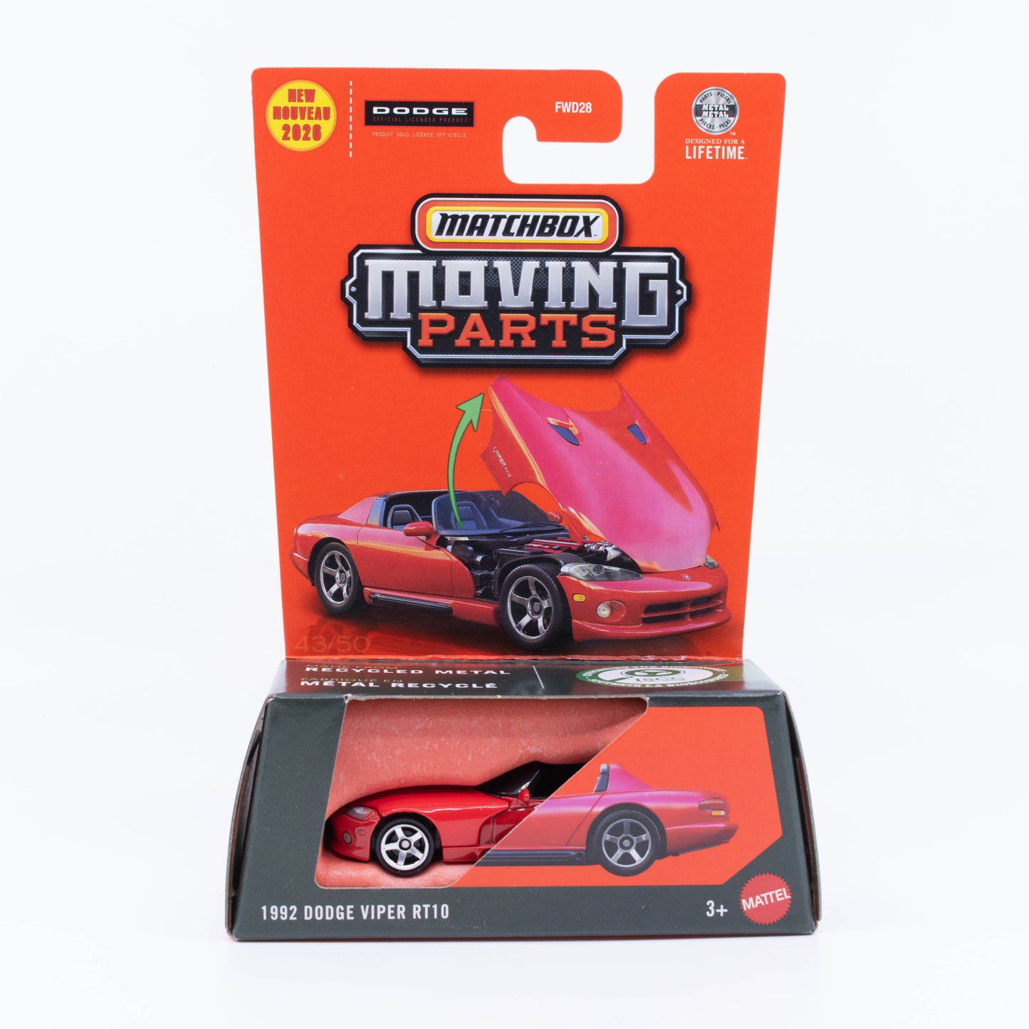 Matchbox Moving Parts 1992 Dodge Viper RT/10 in red with an opening hood.