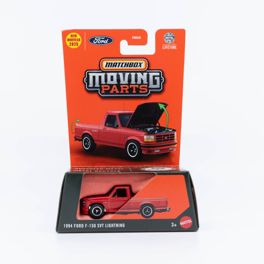 Matchbox Moving Parts 1:64 1994 Ford F-150 SVT Lightning diecast model with opening hood, and tailgate.