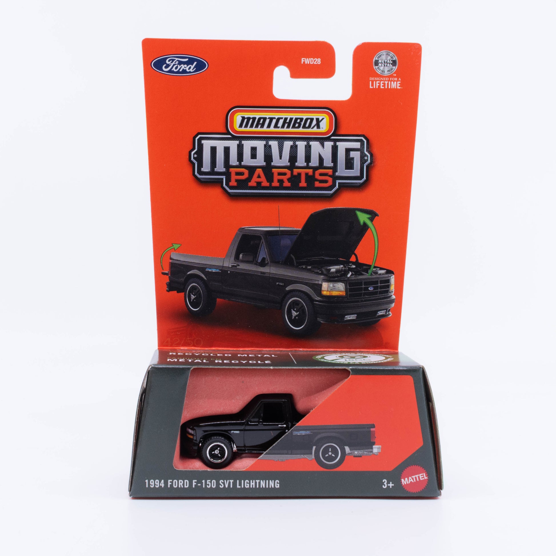 Matchbox Moving Parts 1994 Ford F-150 SVT Lightning black opening hood 1:64