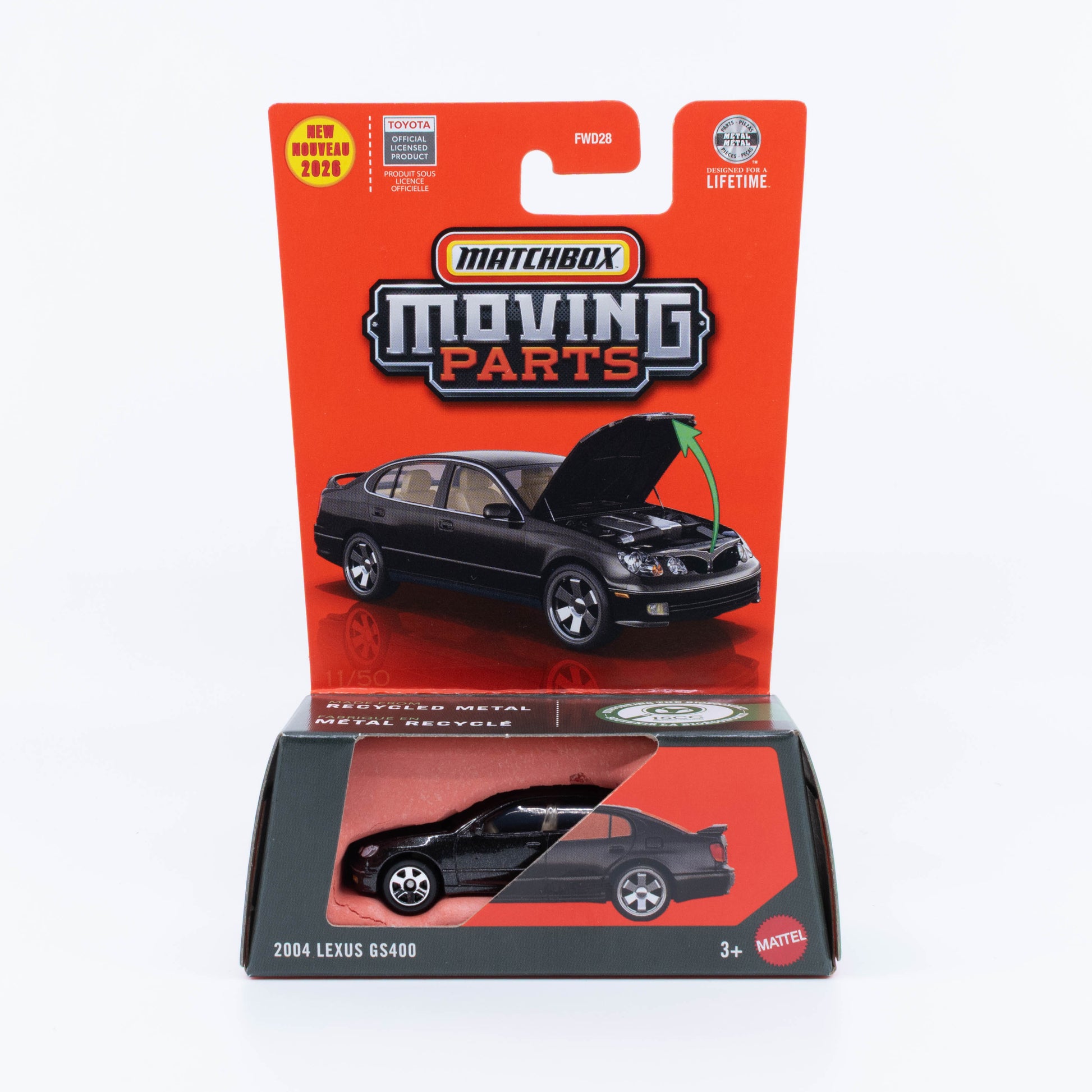 Matchbox Moving Parts 2004 Lexus GS400 black new casting with opening hood 1:64 diecast model