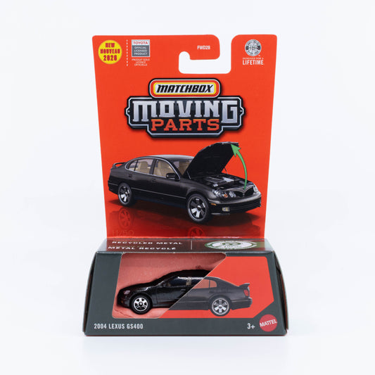 Matchbox Moving Parts 2004 Lexus GS400 black new casting with opening hood 1:64 diecast model