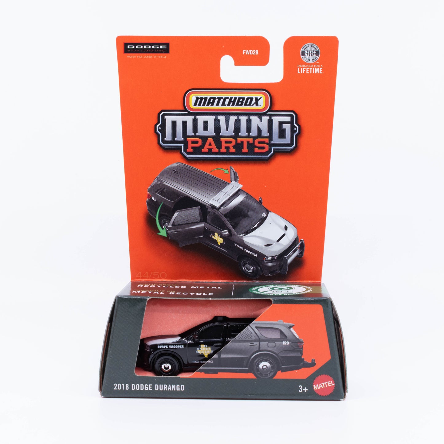 Matchbox Moving Parts 2018 Dodge Durango SUV with its doors open to reveal the interior.