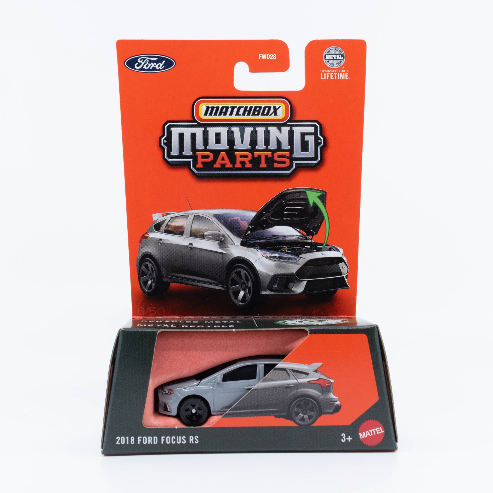 Matchbox Moving Parts 1:64 2018 Ford Focus diecast model with functional hood and detailed design.