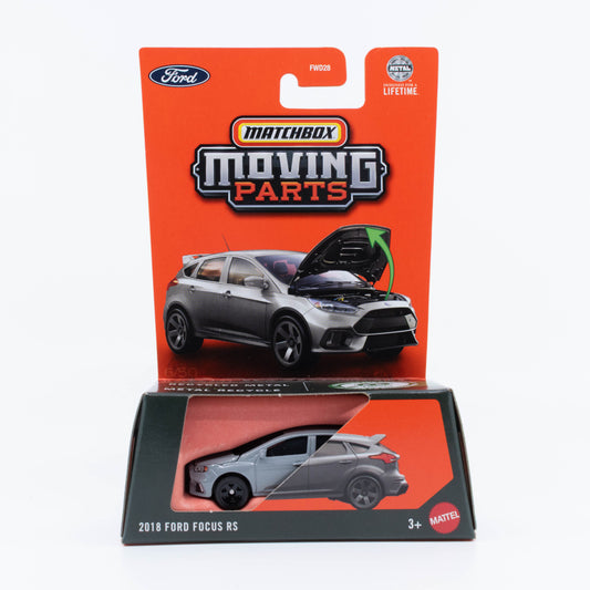 Matchbox Moving Parts 1:64 2018 Ford Focus diecast model with functional hood and detailed design.