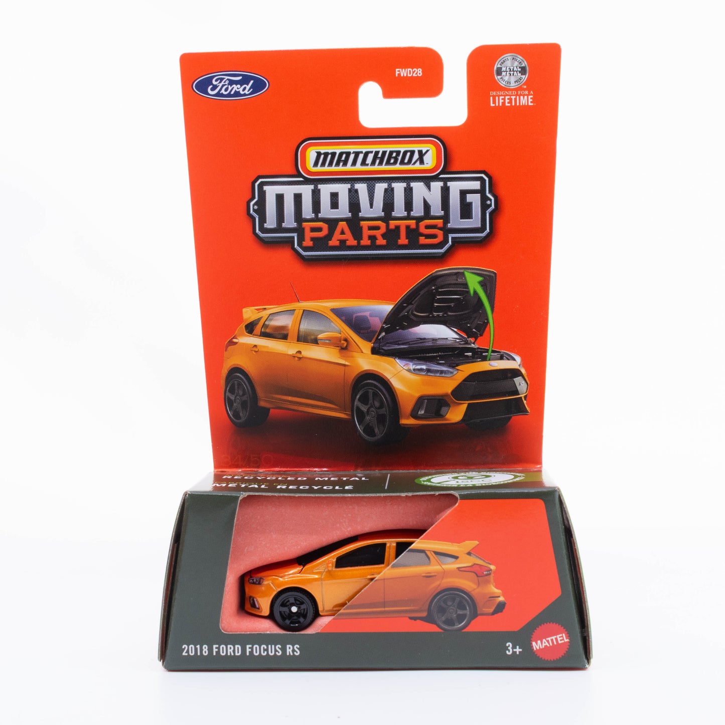 Matchbox Ford Focus RS 2018 orange opening hood 1:64 diecast car