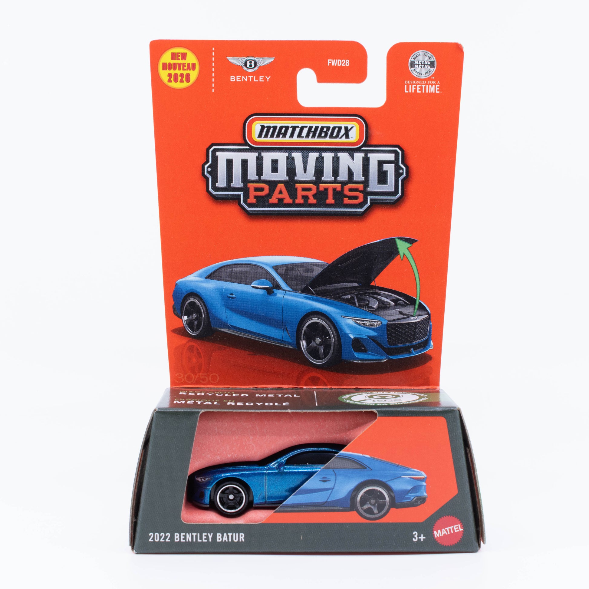 Matchbox Moving Parts 2022 Bentley Batur in blue with an opening hood revealing the engine compartment.