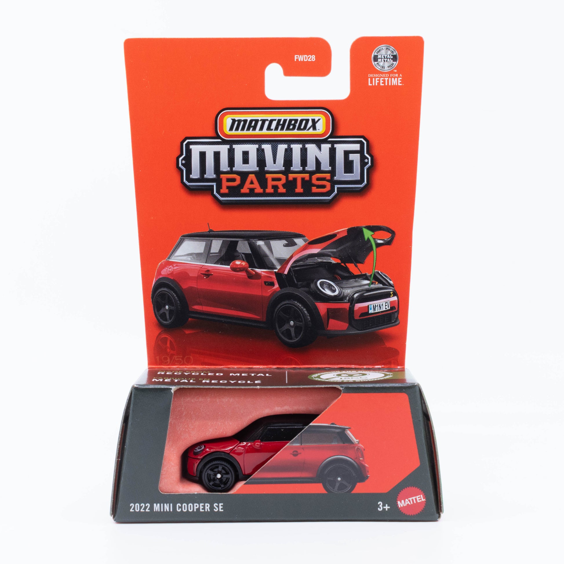 Matchbox 1:64 2022 Mini Cooper SE red opening hood electric hatchback diecast model