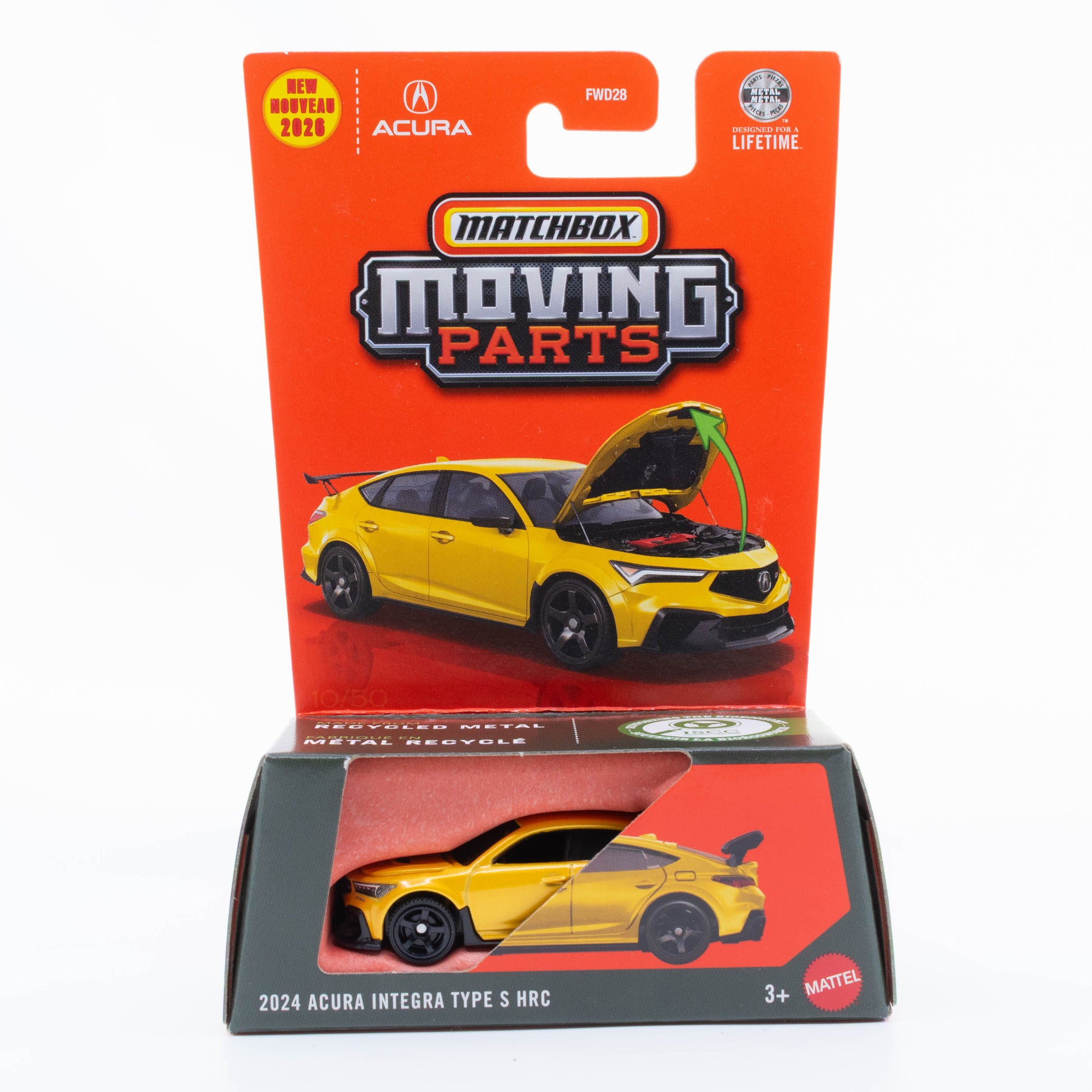 Matchbox Acura Integra Type S HRC 2024 yellow opening hood 1:64 diecast