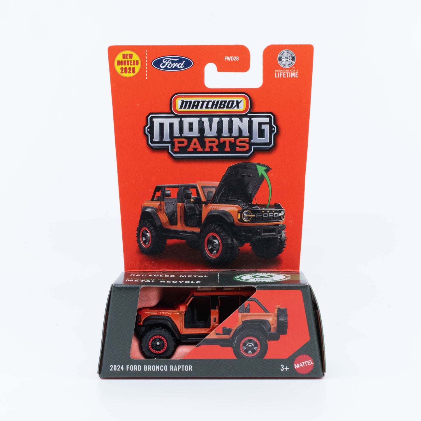 Matchbox Moving Parts 2024 Ford Bronco Raptor orange new casting with opening hood and no doors 1:64 model