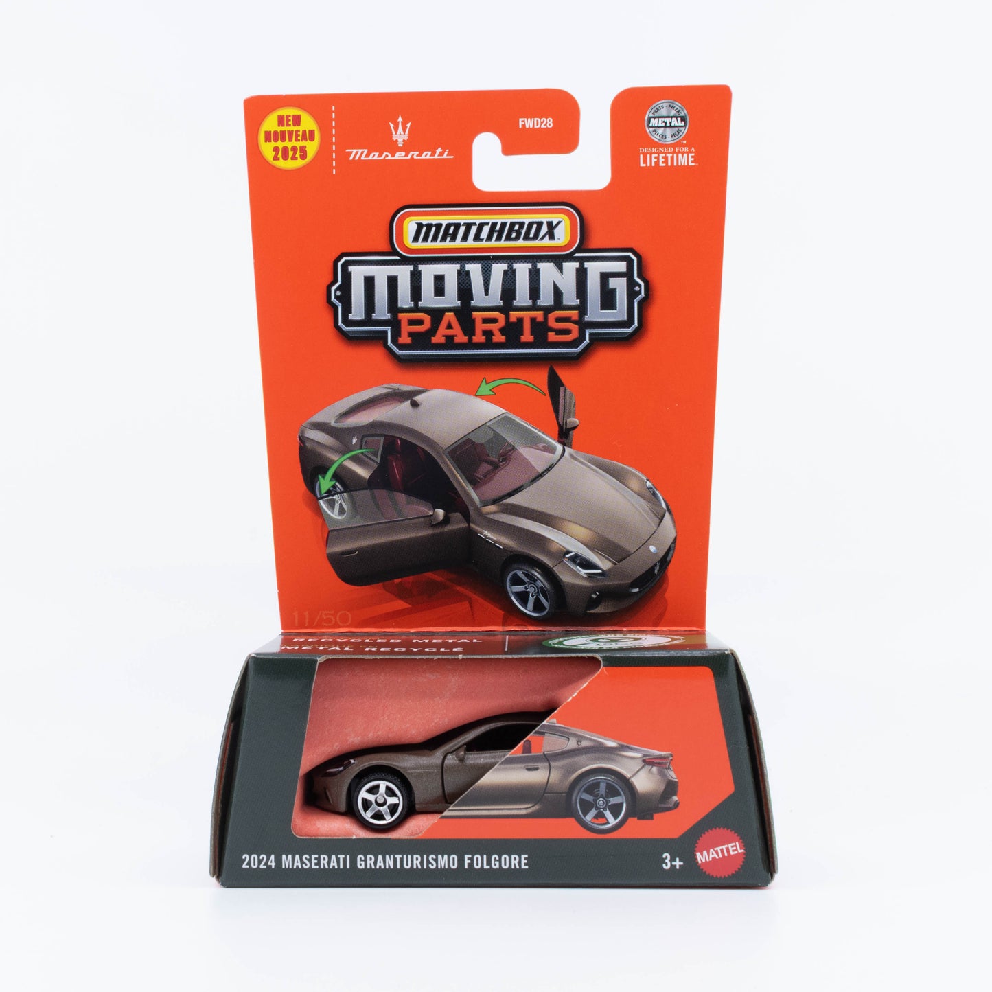 Matchbox Moving Parts 1:64 2024 Maserati Granturismo Folgore diecast model with movable doors and detailed interior.
