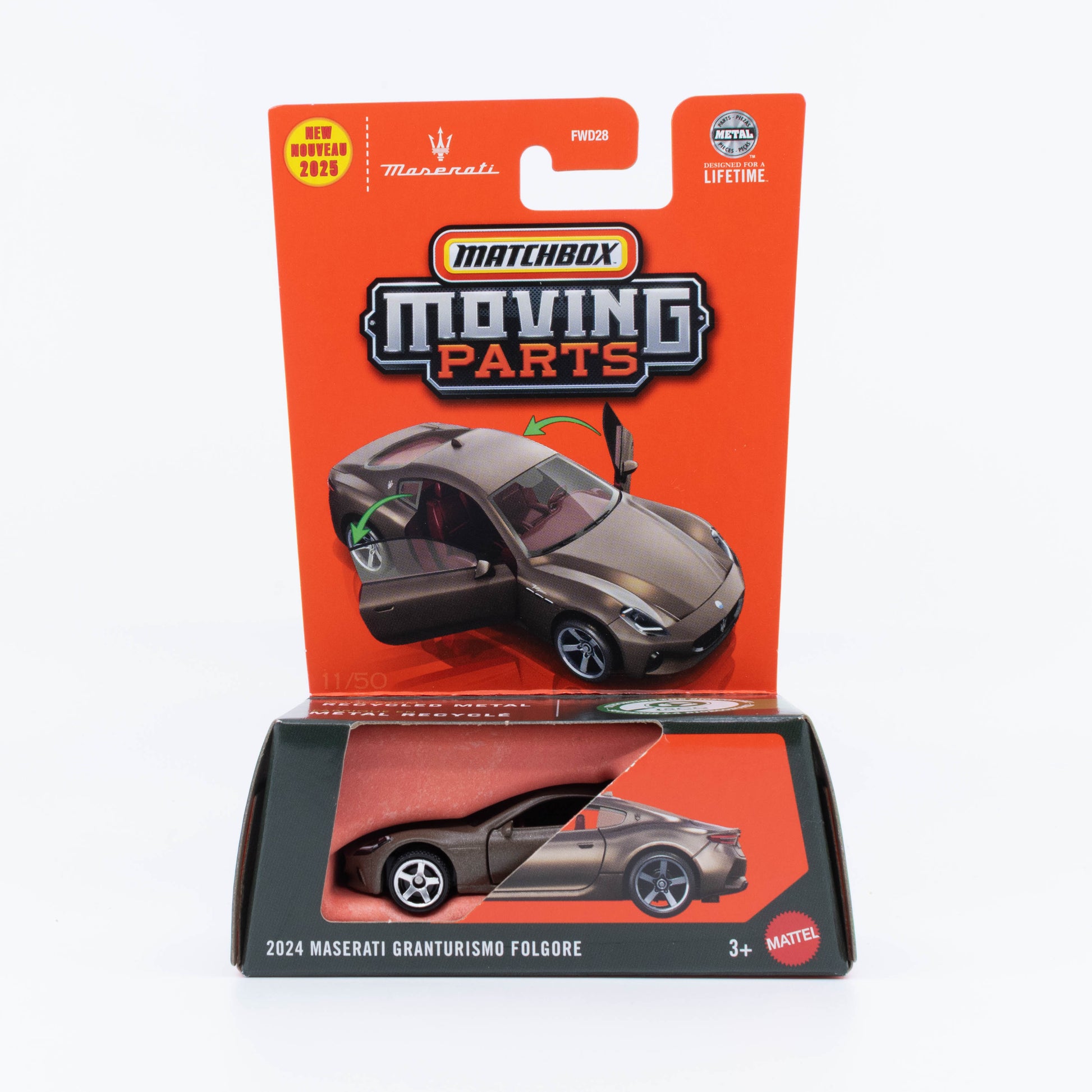 Matchbox Moving Parts 1:64 2024 Maserati Granturismo Folgore diecast model with movable doors and detailed interior.