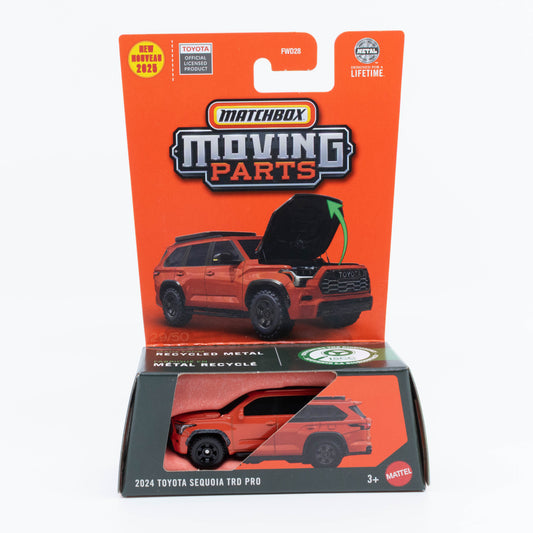 1:64 scale Matchbox 2024 Toyota Sequoia TRD PRO with opening hood, detailed off-road design.