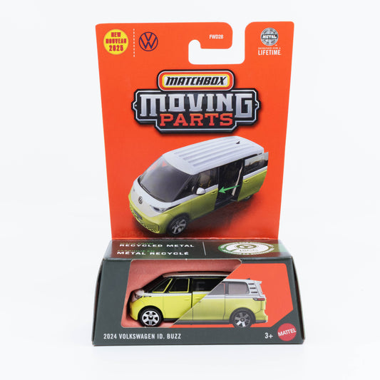 1:64 scale Matchbox Volkswagen ID.Buzz with opening sliding doors and rear hatch, detailed interior, modern electric minivan design.