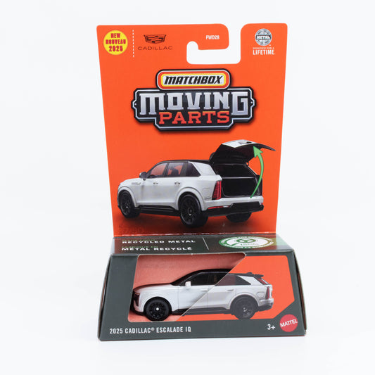 1:64 scale Matchbox Cadillac Escalade IQ 2025 with opening tailgate, detailed interior, sleek futuristic electric SUV design.