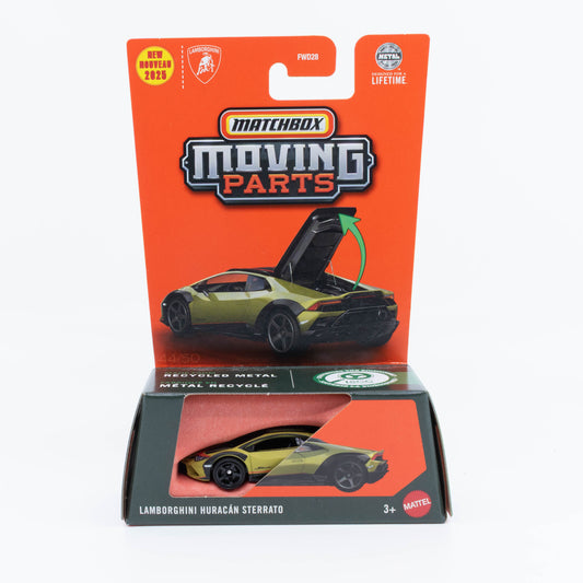 1:64 scale Matchbox Lamborghini Huracán Sterrato with hood, and detailed engine bay, off-road supercar design.