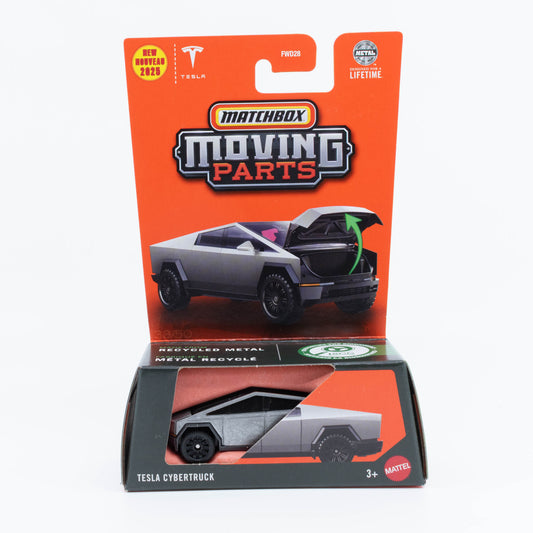 1:64 scale Matchbox Tesla Cybertruck with opening hood, showcasing its futuristic angular design.