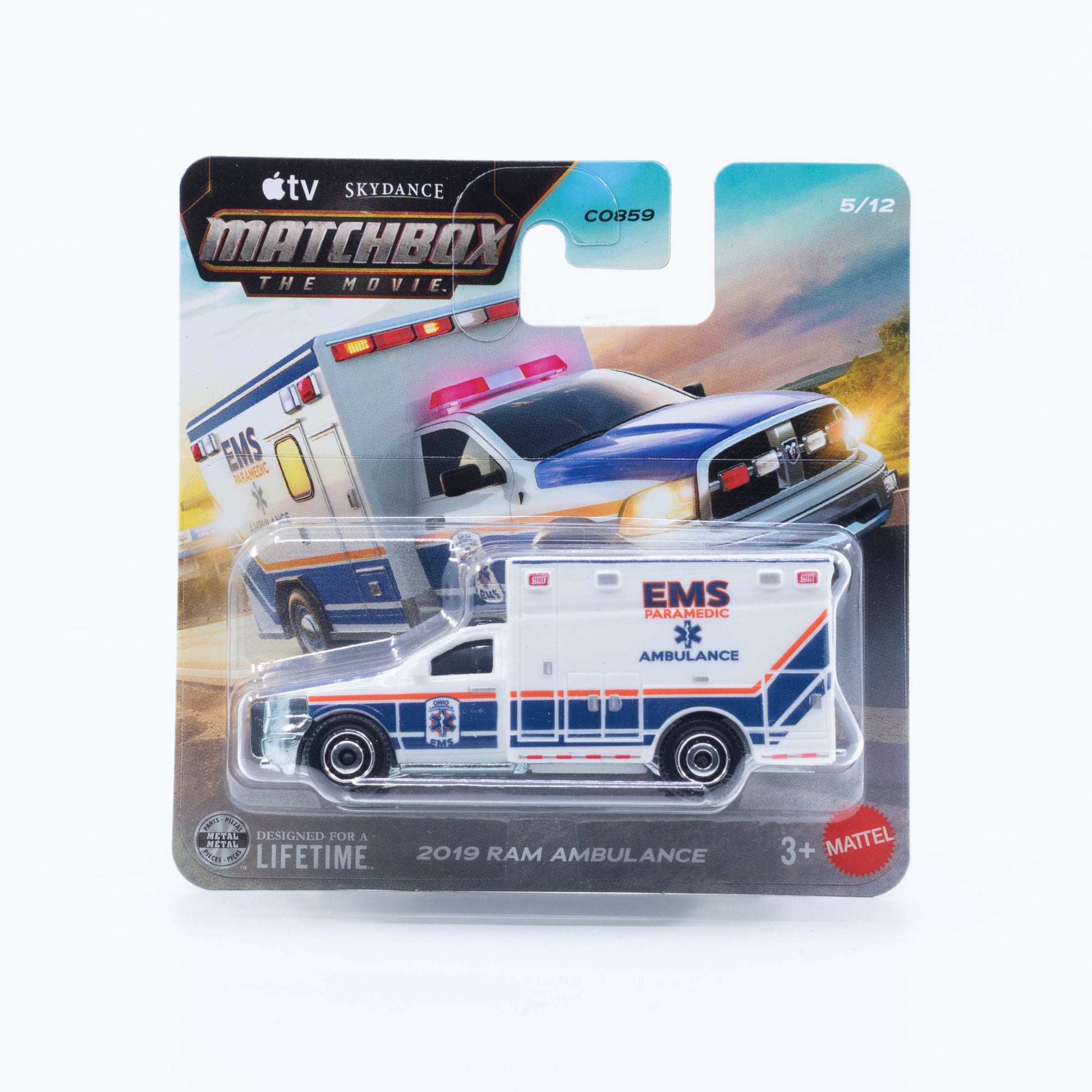 Matchbox The Movie 2019 Ram Ambulance emergency response vehicle in 1:64 scale.
