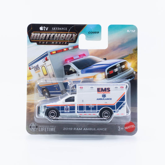 Matchbox The Movie 2019 Ram Ambulance emergency response vehicle in 1:64 scale.