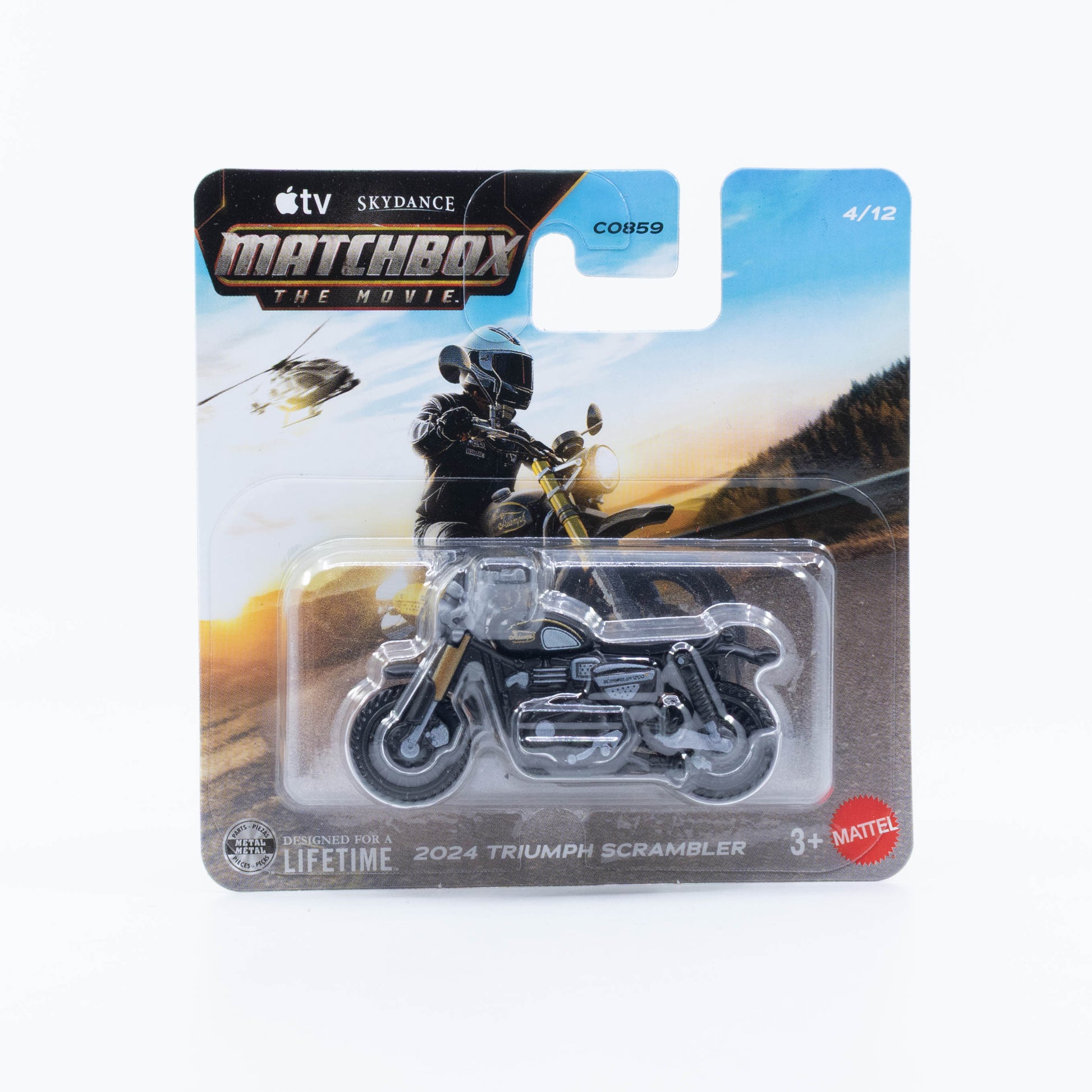 Matchbox: The Movie 2024 Triumph Scrambler motorcycle.