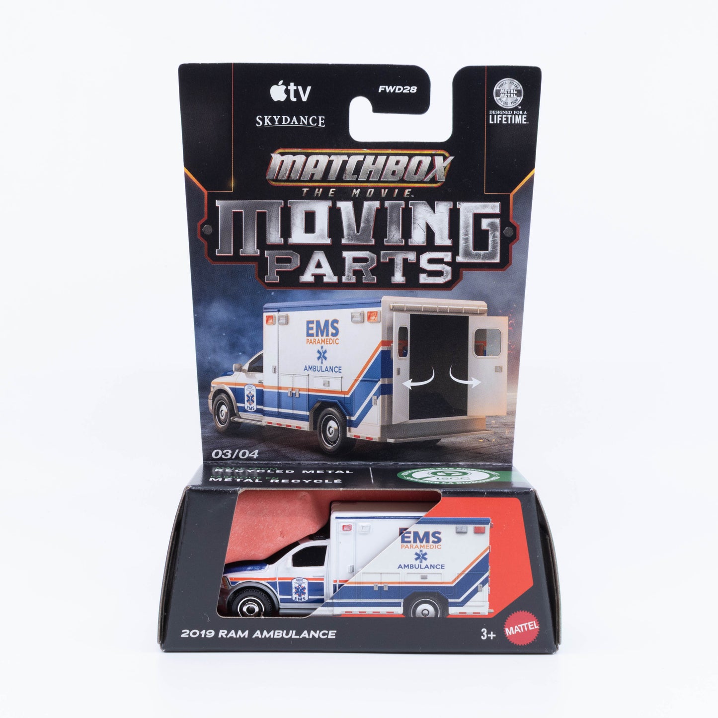 Matchbox The Movie Moving Parts 2019 Ram Ambulance with its rear doors open.