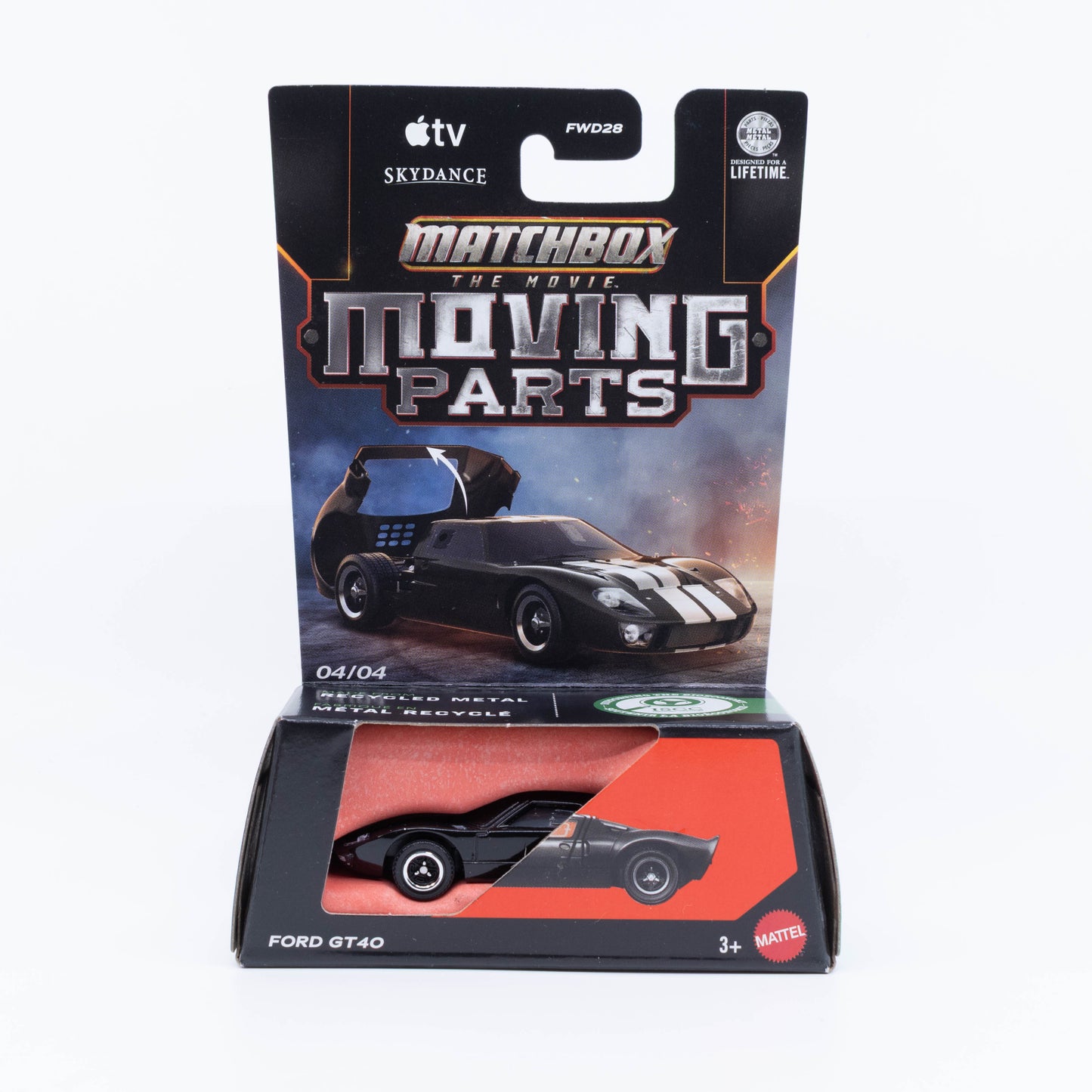 Matchbox The Movie Moving Parts Ford GT40 with its rear engine hatch open.