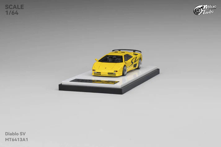 Micro Turbo 1:64 Lamborghini Diablo SV metallic yellow with pop up headlights opening engine diecast model
