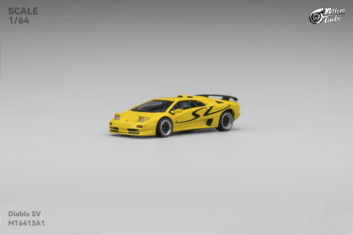 Micro Turbo 1:64 Lamborghini Diablo SV metallic yellow with pop up headlights opening engine diecast model