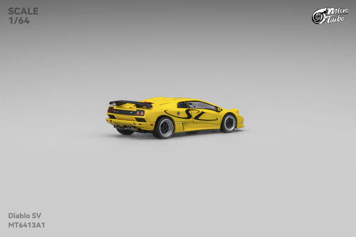 Micro Turbo 1:64 Lamborghini Diablo SV metallic yellow with pop up headlights opening engine diecast model