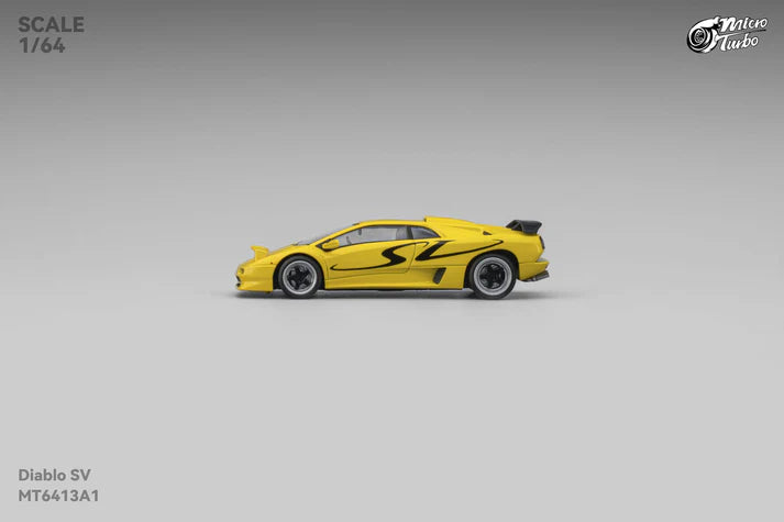 Micro Turbo 1:64 Lamborghini Diablo SV metallic yellow with pop up headlights opening engine diecast model