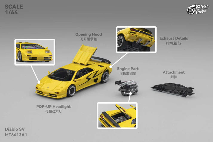 Micro Turbo 1:64 Lamborghini Diablo SV metallic yellow with pop up headlights opening engine diecast model