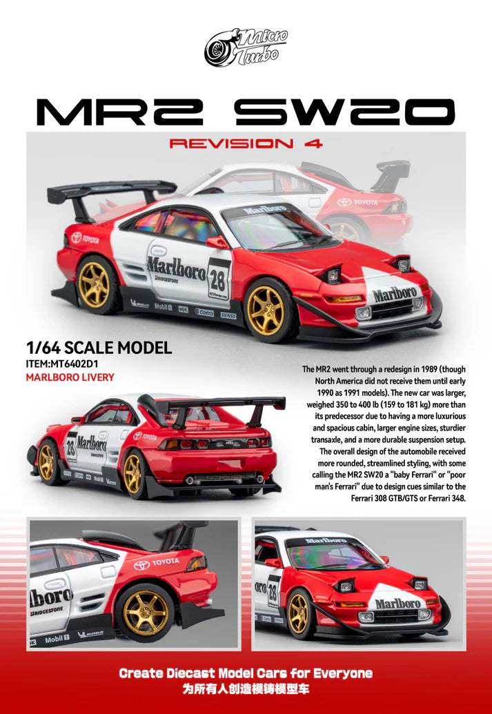 1:64 Micro Turbo Toyota MR2 SW20 #28 Marlboro Livery – die-cast model with pop-up headlights and gold