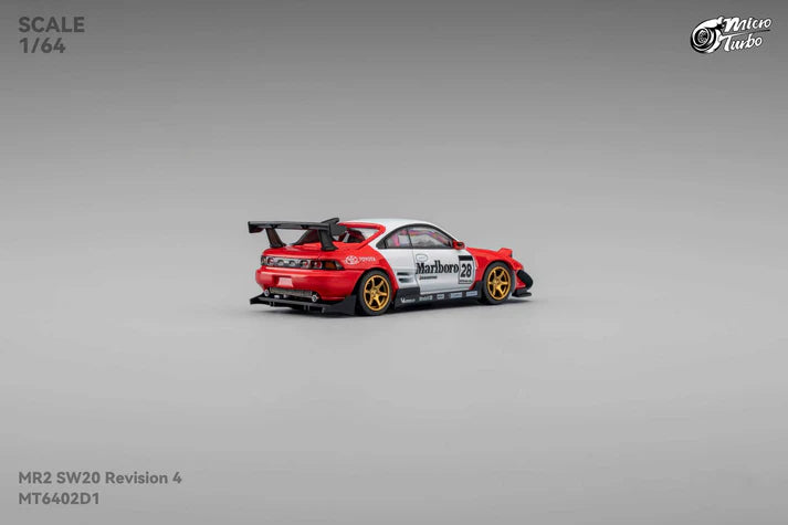 1:64 Micro Turbo Toyota MR2 SW20 #28 Marlboro Livery – die-cast model with pop-up headlights and gold