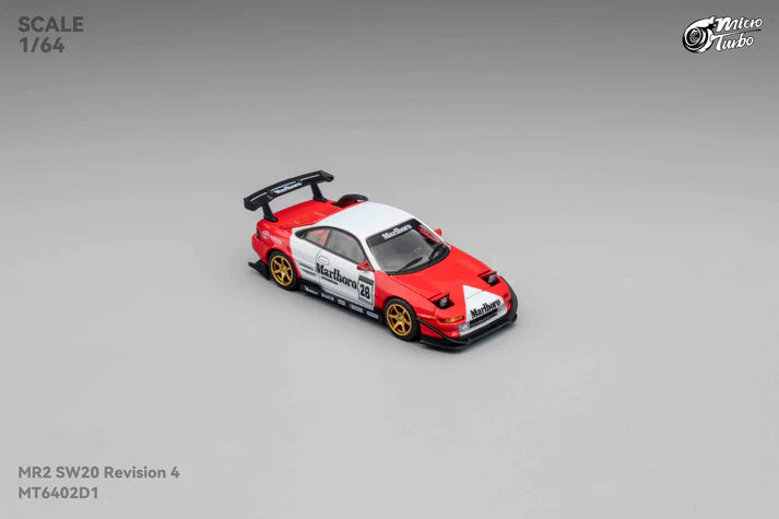 1:64 Micro Turbo Toyota MR2 SW20 #28 Marlboro Livery – die-cast model with pop-up headlights and gold