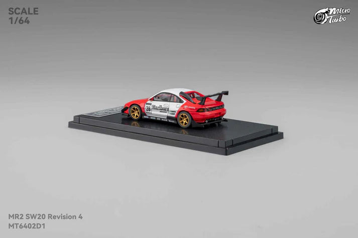 1:64 Micro Turbo Toyota MR2 SW20 #28 Marlboro Livery – die-cast model with pop-up headlights and gold