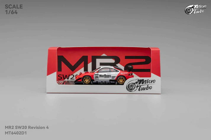 1:64 Micro Turbo Toyota MR2 SW20 #28 Marlboro Livery – die-cast model with pop-up headlights and gold
