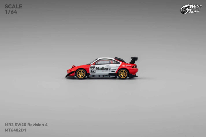 1:64 Micro Turbo Toyota MR2 SW20 #28 Marlboro Livery – die-cast model with pop-up headlights and gold