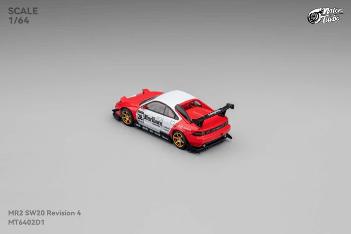 1:64 Micro Turbo Toyota MR2 SW20 #28 Marlboro Livery – die-cast model with pop-up headlights and gold