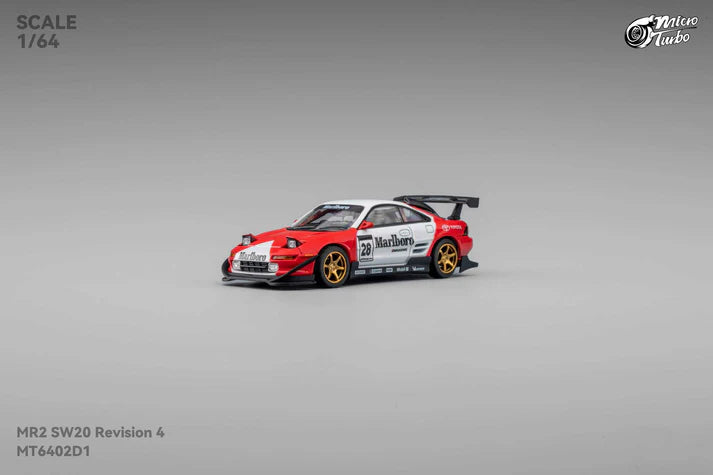 1:64 Micro Turbo Toyota MR2 SW20 #28 Marlboro Livery – die-cast model with pop-up headlights and gold