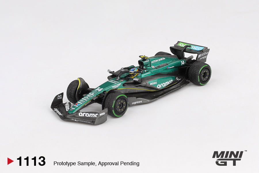 Mini GT Aston Martin AMR24 #14 Fernando Alonso Canadian GP 2024 1:64 diecast model. Front