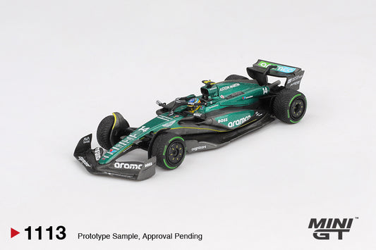 Mini GT Aston Martin AMR24 #14 Fernando Alonso Canadian GP 2024 1:64 diecast model. Front
